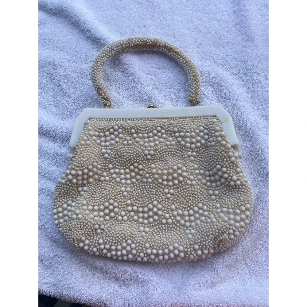 VTG 1940s White Beaded Handbag Celluloid Frame Purse Handmade Hong Kong